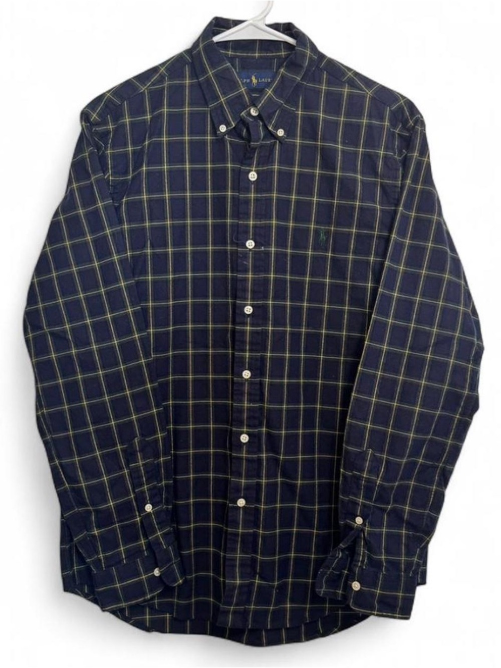 Ralph Lauren—Navy Button-Down Plaid Shirt with Yellow Windowpane